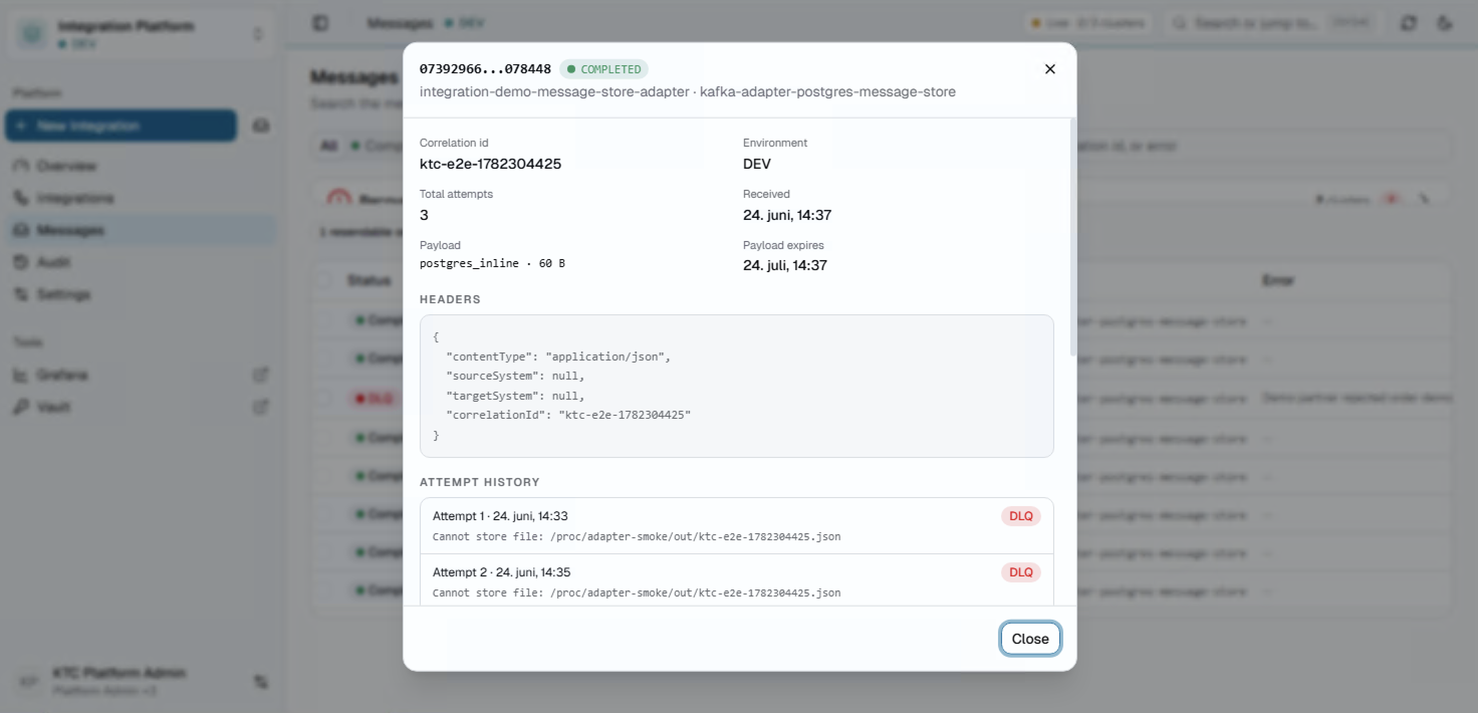 Dashboard — message monitoring with full history and audited resend